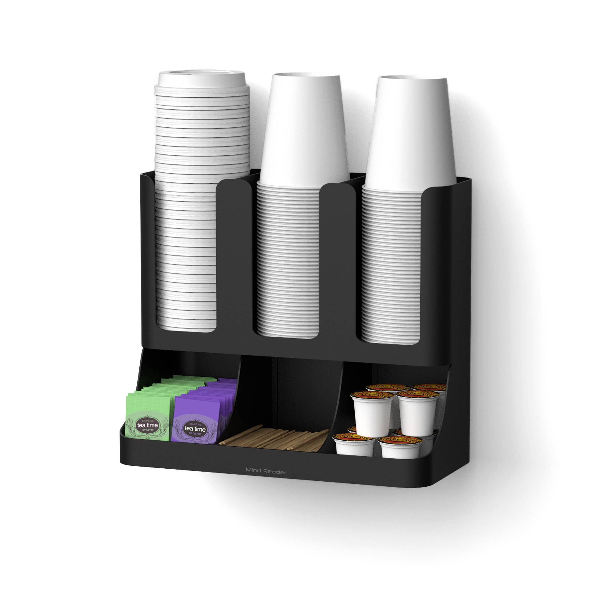 Mind Reader Black 6 Compartment Upright Breakroom Coffee Condiment and Cup Storage Organizer